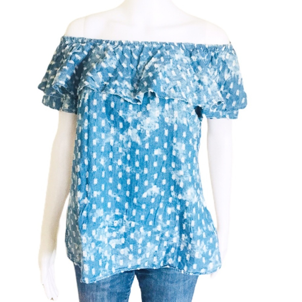 MAX JEANS (Nordstrom) Off Shoulder Distressed Denim Top/Blouse Jean Blue Medium